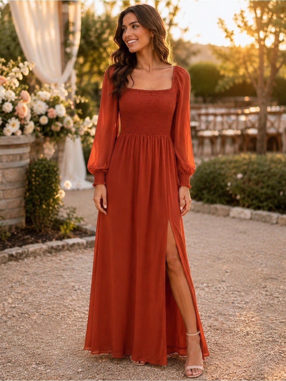 Title: Baltic Born Rust Smocked Long Sleeve Maxi Dress – Size S